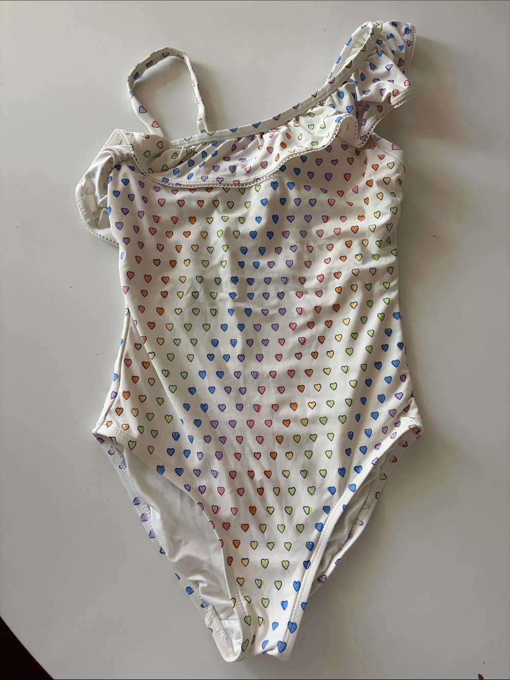 EUC Roller Rabbit Girls One Piece Swimsuit White with Disco Heart Print 8